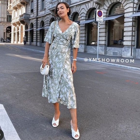 Mango Dresses & Skirts - MANGO Floral True wrap dress white and green midi